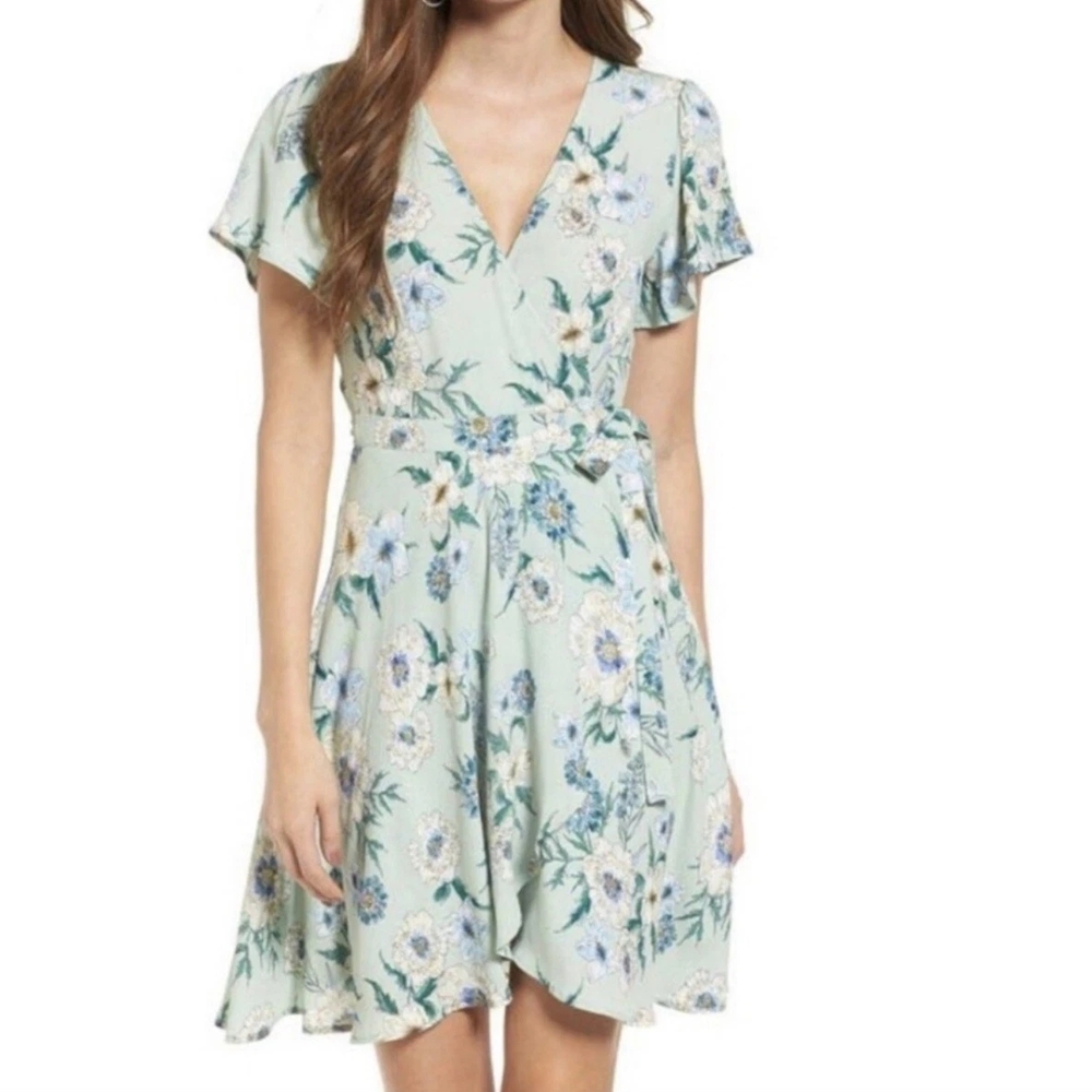 Astr Light Green Floral Wrap Mini Dress